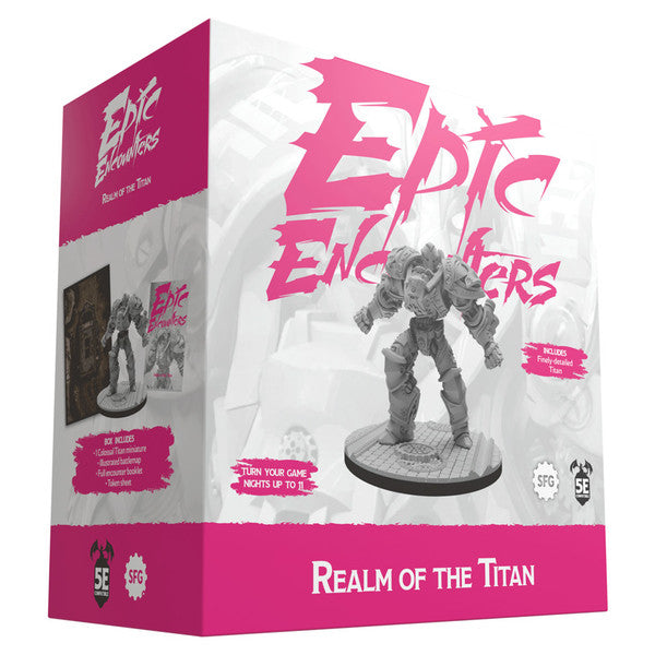 Epic Encounters: The Titan’s Vigil - Boxed set of a gray detailed titan miniature on a round base, with bright pink and white packaging labeled Epic Encounters.