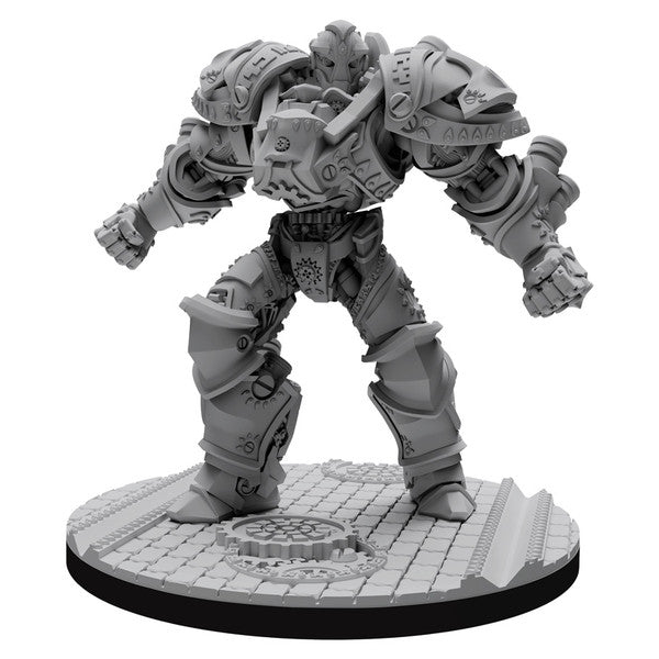 Epic Encounters: The Titan’s Vigil - Gray highly detailed fantasy armored titan miniature standing on a textured stone base with mechanical and ornate engravings.