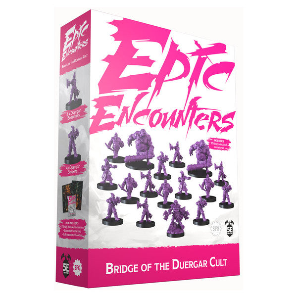 Epic Encounters: Bridge of the Duergar Cult - Box set featuring purple miniature figures of fantasy characters including warriors and creatures, labeled Epic Encounters.
