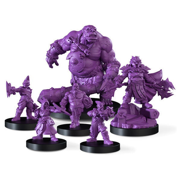 Epic Encounters: Bridge of the Duergar Cult - Set of six purple plastic fantasy miniatures featuring a large ogre, armored warriors, and a goblin, each on black circular.