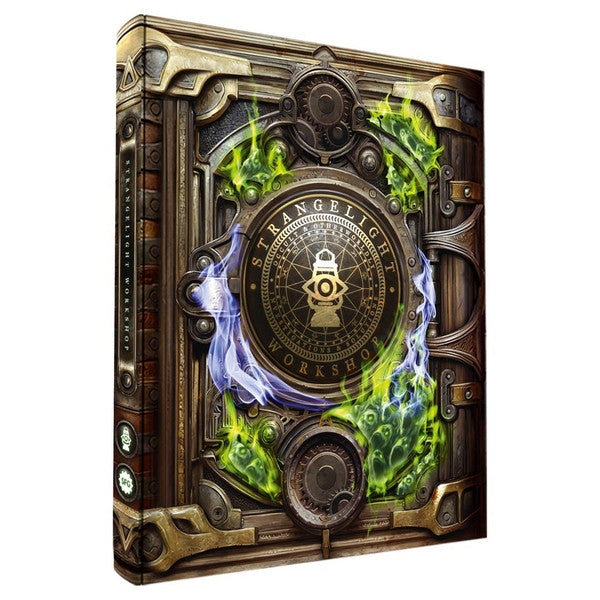 D&D 5E: Strangelight Workshop: Core Rulebook - D&D 5E rulebook with steampunk-style cover featuring gears, glowing green and blue magical flames, and a central lantern.