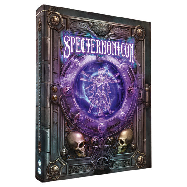 D&D 5E: Strangelight Workshop: Specternomicon - Dark fantasy book cover with a glowing purple arcane circle, skeletal skulls, and metallic frame design.