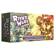 Rivet Wars: Vanguard Expansion - Colorful rectangular board game box with steampunk-style characters and robots, titled Rivet Wars Vanguard Expansion.