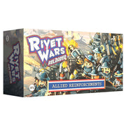 Rivet Wars: Allied Reinforcements Expansion - Rectangular game box featuring cartoon soldiers in blue uniforms and helmets, with heavy weapons and mechanical gear, bold.