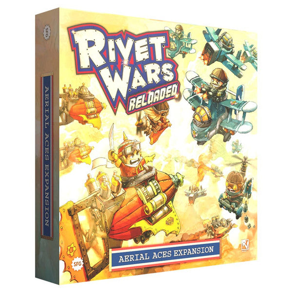 Rivet Wars: Aerial Aces Expansion - Aerial Aces Expansion box with colorful cartoon soldiers piloting vintage planes in aerial combat.