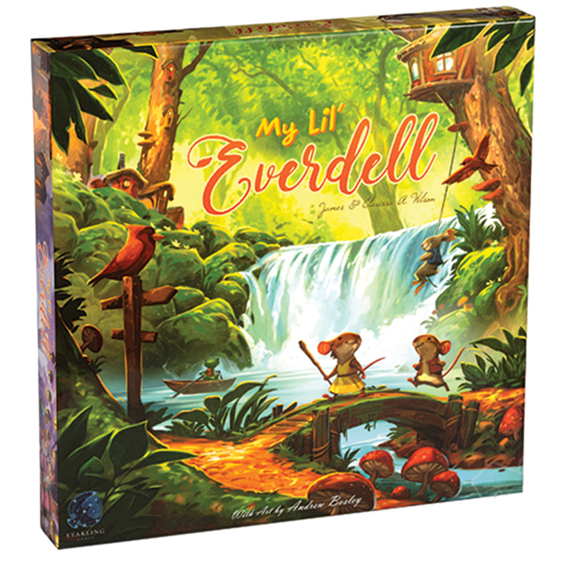 My Lil Everdell (PREORDER) - Colorful My Lil Everdell board game box with forest scene, waterfall, animals, and vibrant green and yellow tones.