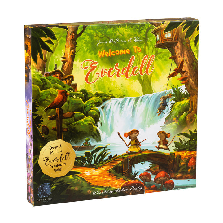 Welcome to Everdell (PREORDER) - Square board game box featuring colorful forest scene with waterfall, animals, and whimsical characters on front cover.