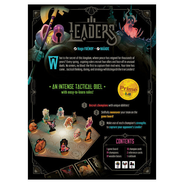 Leaders - Leaders board game box with dark fantasy artwork, featuring miniatures of fantasy characters and tactical game elements on a