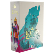 Leaders - Rectangular game box with stylized medieval knight artwork in purple and orange, teal abstract shapes, and gold "Leaders".