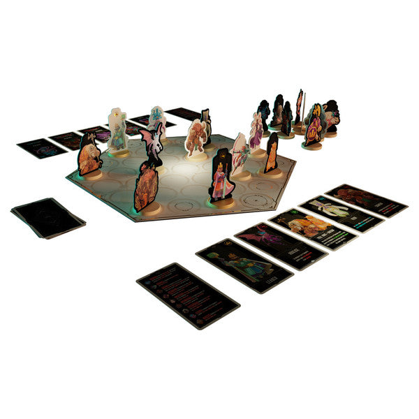 Leaders - Hexagonal game board with illustrated cardboard leader pieces and multiple rectangular cards laid out around it.