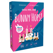 Bunny Hops! - Bunny Hops! family-friendly board game box with pink and blue design featuring cartoon bunnies holding cards and icons for.