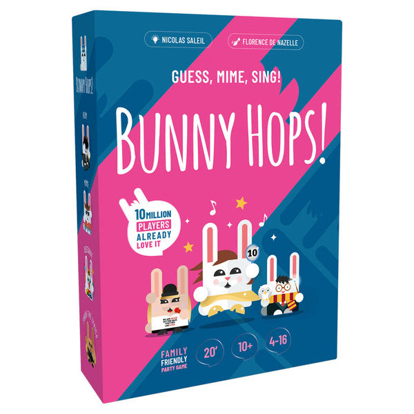 Bunny Hops! - Bunny Hops! family-friendly board game box with pink and blue design featuring cartoon bunnies holding cards and icons for.
