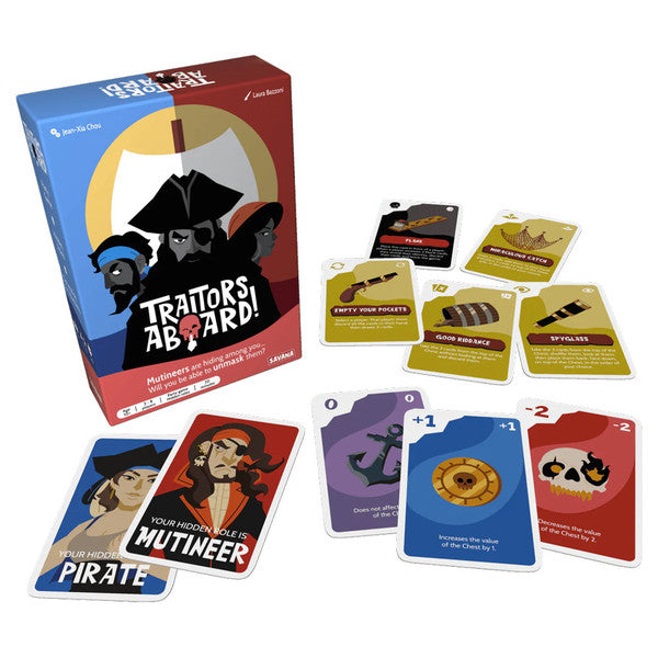 Traitors Aboard - Traitors Aboard board game box with colorful cards featuring pirate, mutineer, anchor, and treasure designs in red, blue,.