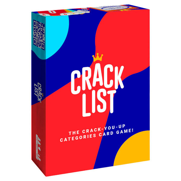 Crack List - Colorful rectangular box with red, blue, and yellow abstract shapes, labeled "Crack List" card game with white bold text and