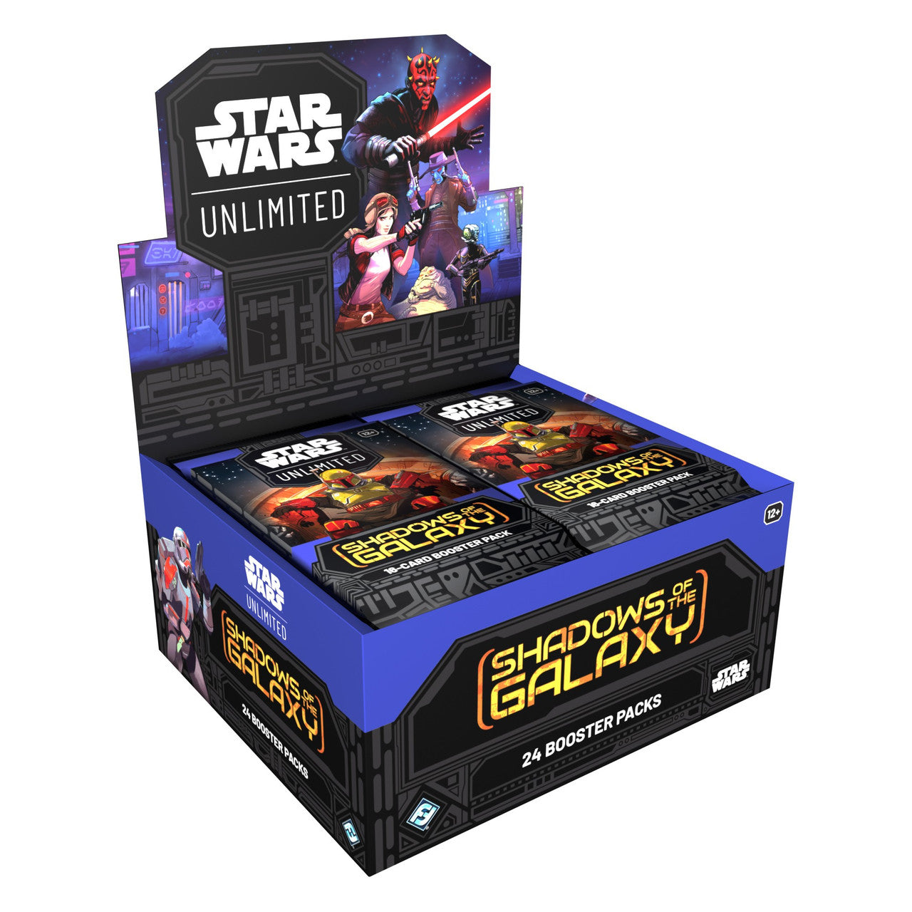 Star Wars: Unlimited - Shadows of the Galaxy - Booster Box - Unlimited Shadows of the Galaxy booster box with character artwork and 36 booster packs inside.