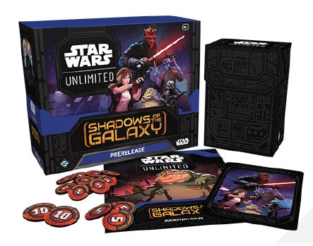 Star Wars: Unlimited - Shadows of the Galaxy - Prerelease Box - Star Wars Unlimited Shadows of the Galaxy Prerelease Box with colorful character art, black card deck box, tokens, and game.