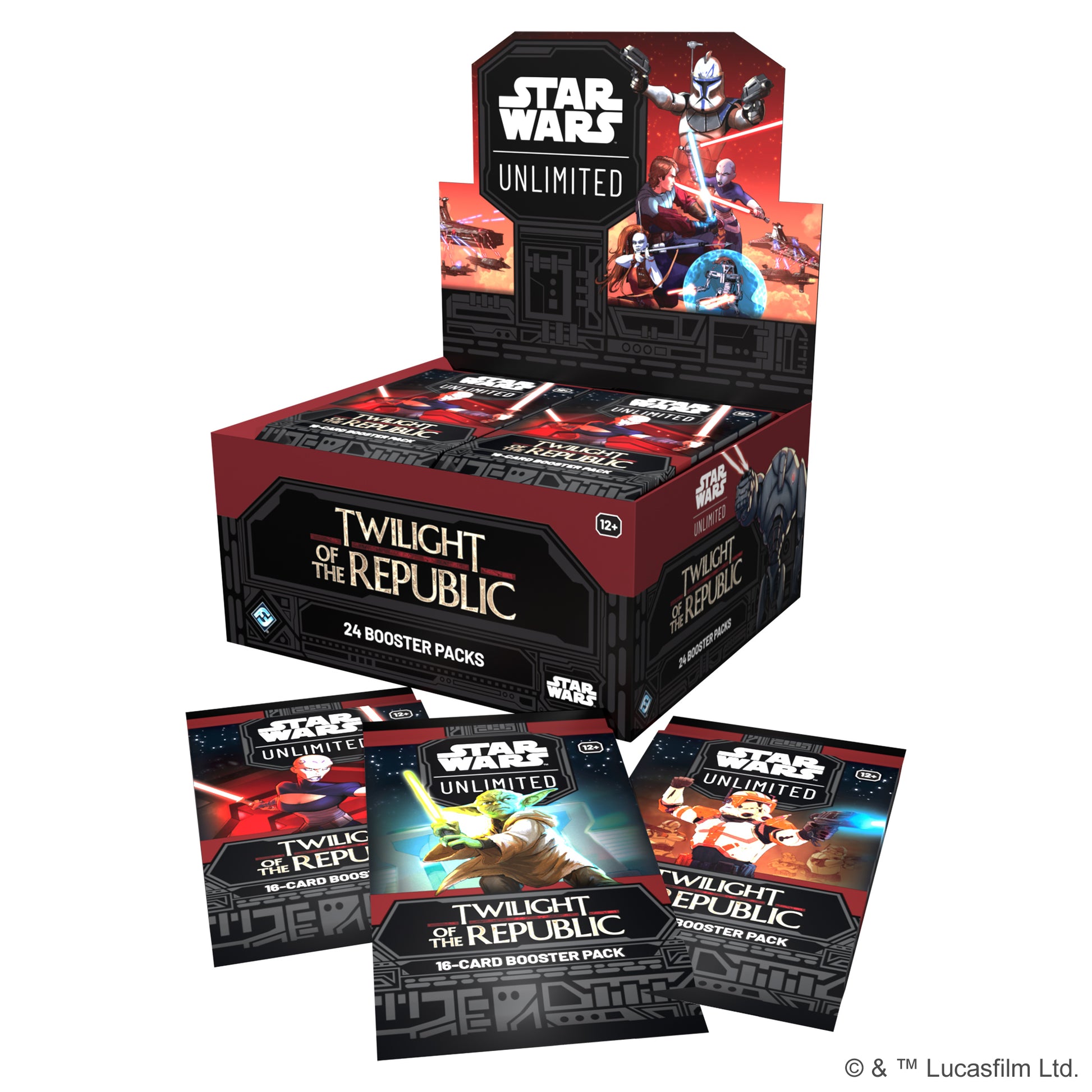 Star Wars: Unlimited - Twilight of the Republic Booster Box - Black and red Star Wars Unlimited Twilight of the Republic booster box with illustrated character art and 36 booster packs.