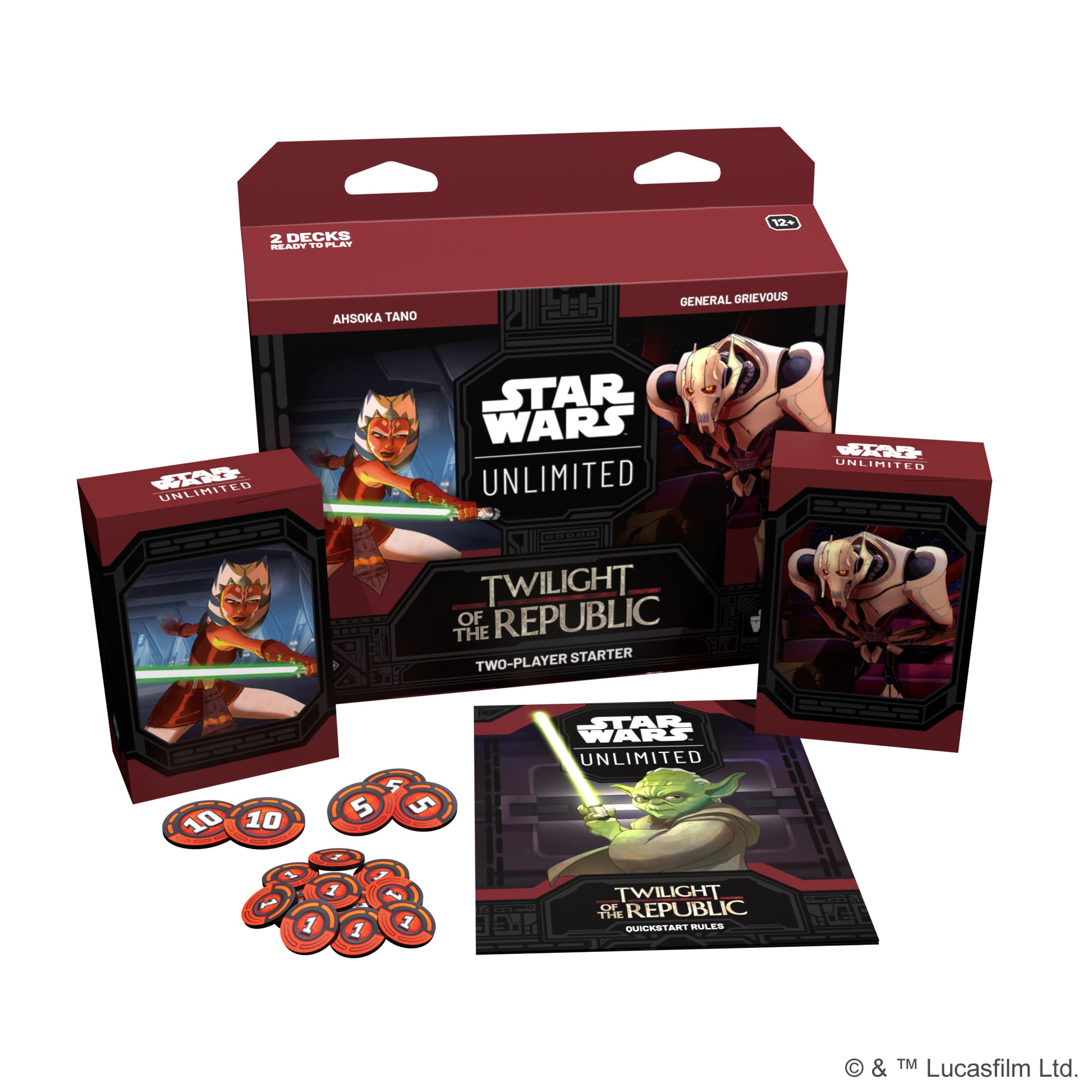 Star Wars: Unlimited - Twilight of the Republic Two-Player Starter - Star Wars Unlimited Twilight of the Republic two-player starter box with character cards, tokens, and rulebook in.