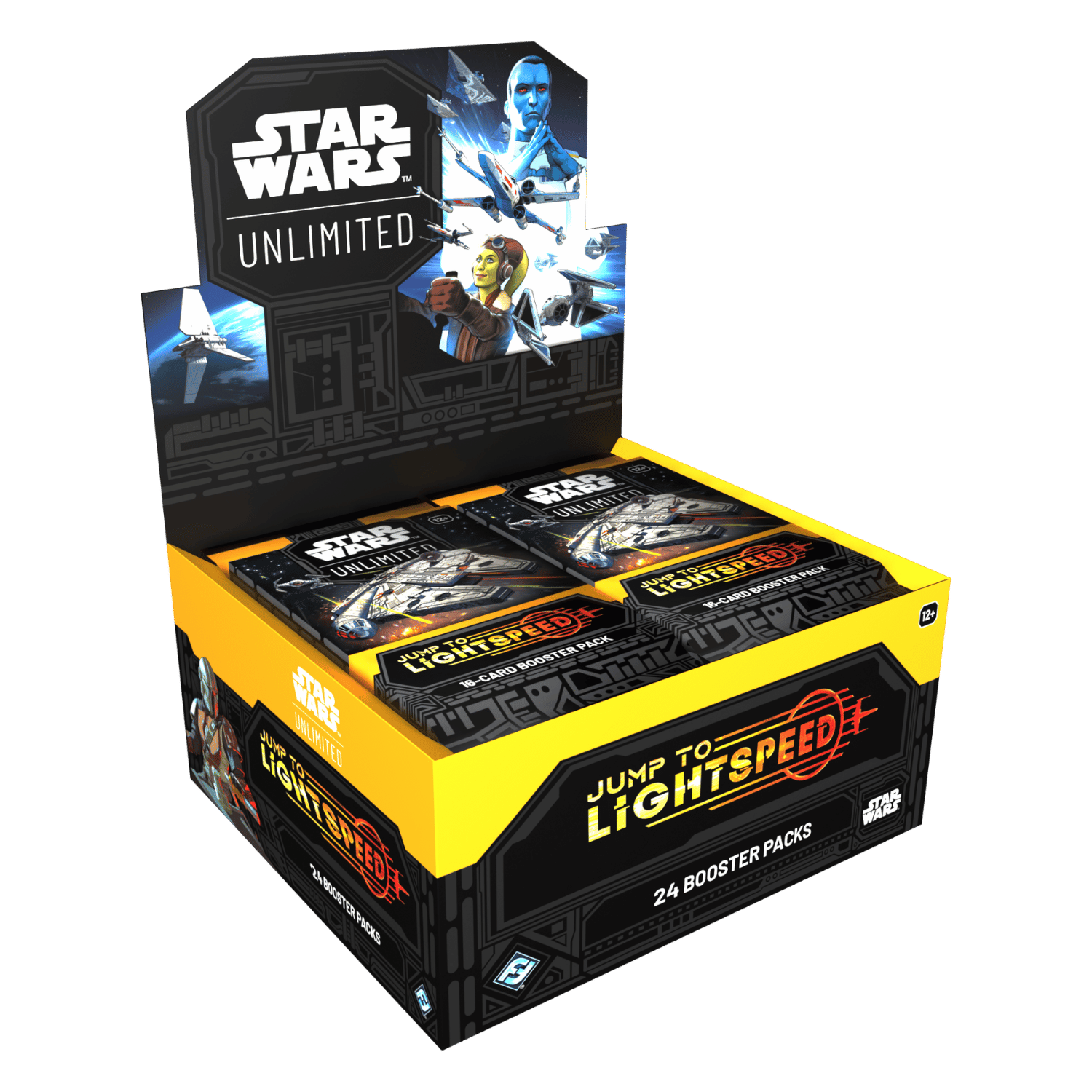 Star Wars: Unlimited - Jump to Lightspeed - Booster Box - Star Wars Unlimited Jump to Lightspeed booster box with yellow and black packaging featuring Star Wars characters and.