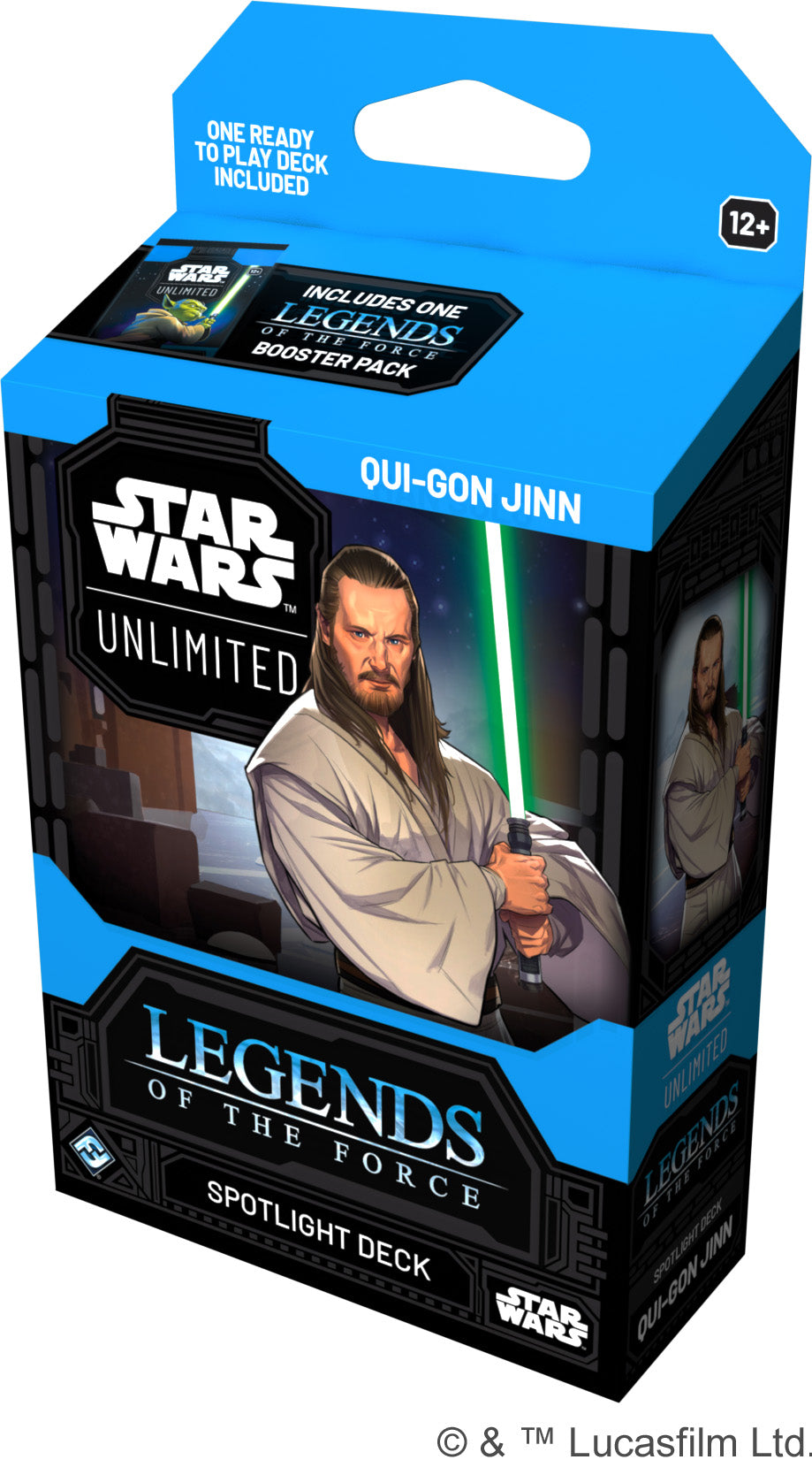 Star Wars: Unlimited - Legends of the Force - Qui-Gon Jin Spotlight Deck - Blue and black box packaging for Star Wars Unlimited Qui-Gon Jinn Spotlight Deck featuring an image of Qui-Gon Jinn holding.