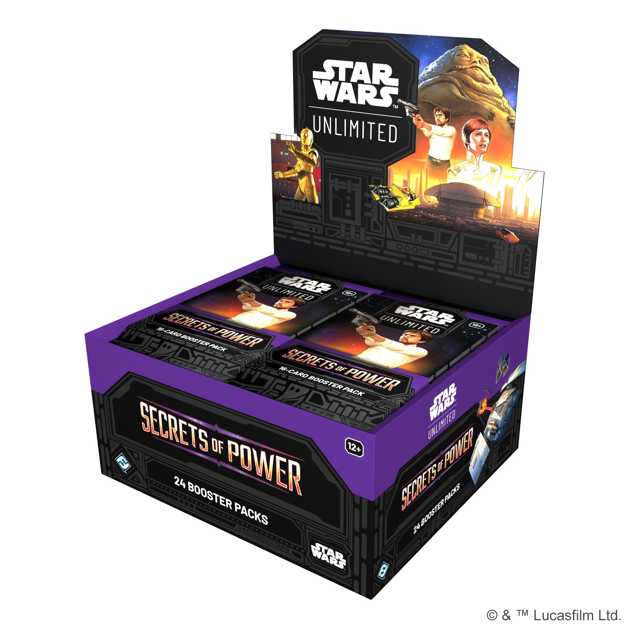 Star Wars: Unlimited - Secrets of Power Booster Box (PREORDER) - Star Wars Unlimited Secrets of Power Booster Box with purple and black design featuring Star Wars characters and 24 booster.