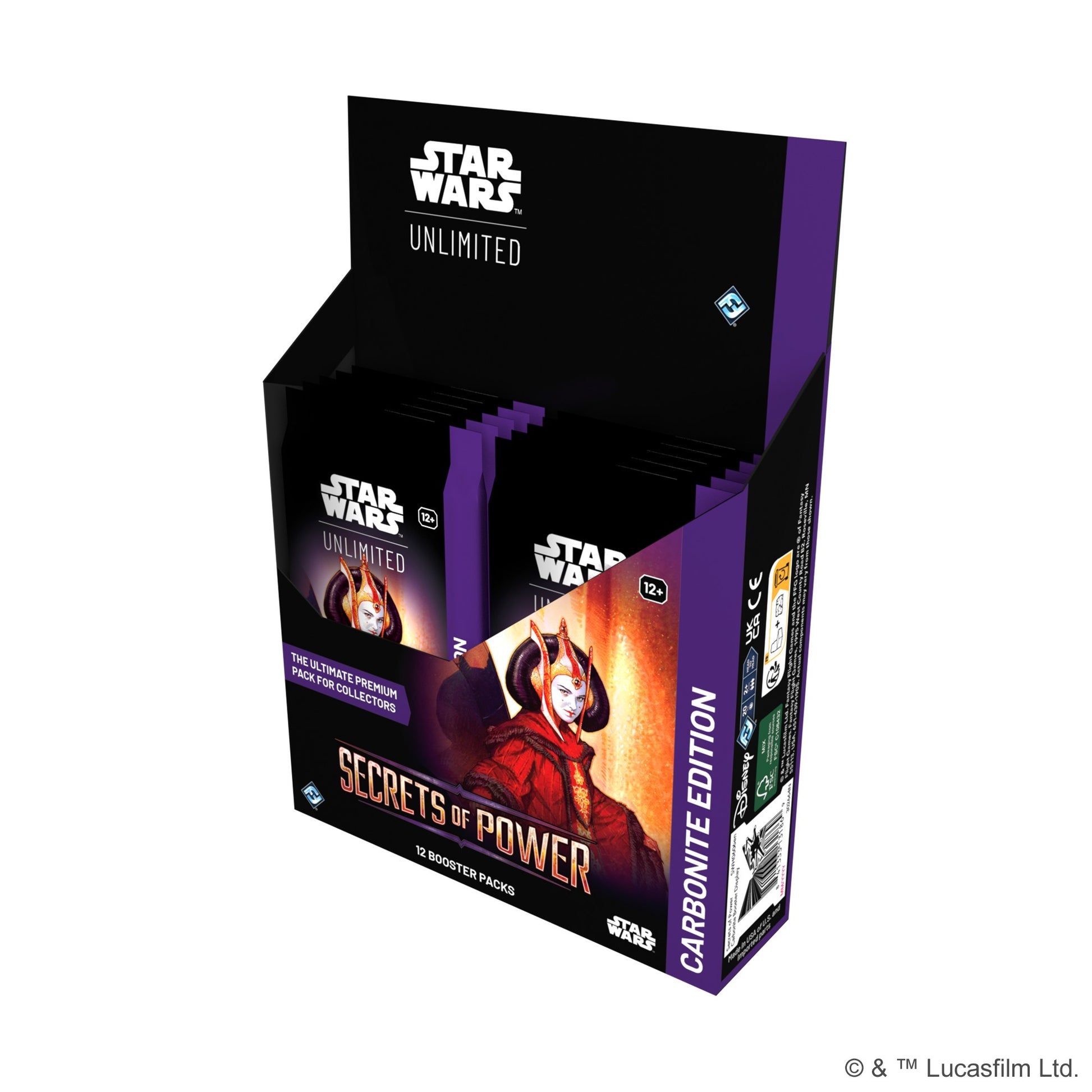 Star Wars: Unlimited - Secrets of Power Carbonite Booster Box - Black and purple Star Wars Unlimited Secrets of Power Carbonite Edition booster box with character artwork and logo.