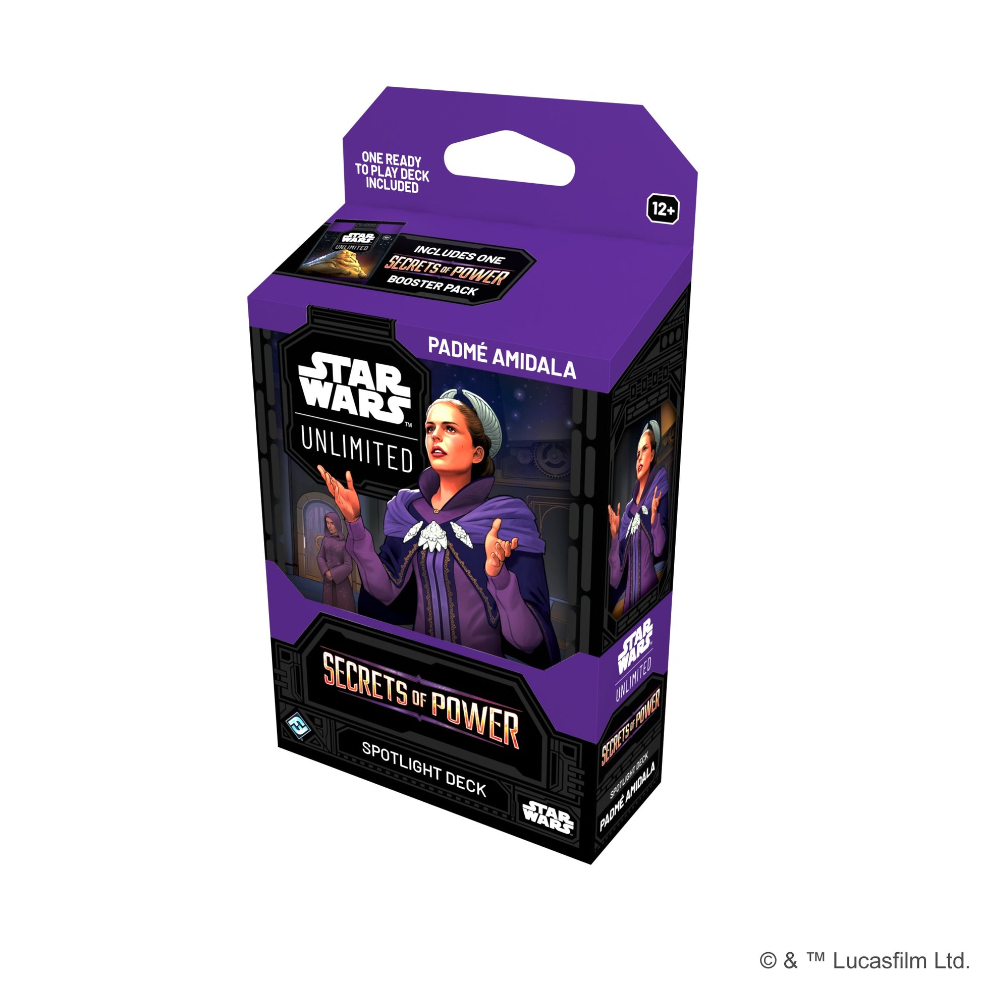 Star Wars: Unlimited - Secrets of Power Spotlight Deck - Padme Amidala - Purple and black Star Wars Unlimited Secrets of Power Spotlight Deck featuring Padme Amidala on the packaging.