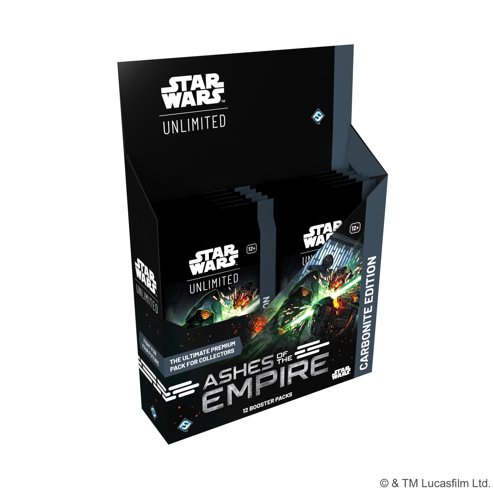 Star Wars: Unlimited - Ashes of the Empire Carbonite Booster Display (PREORDER) - Black Star Wars-themed cardboard booster display box with colorful sci-fi artwork and logo.
