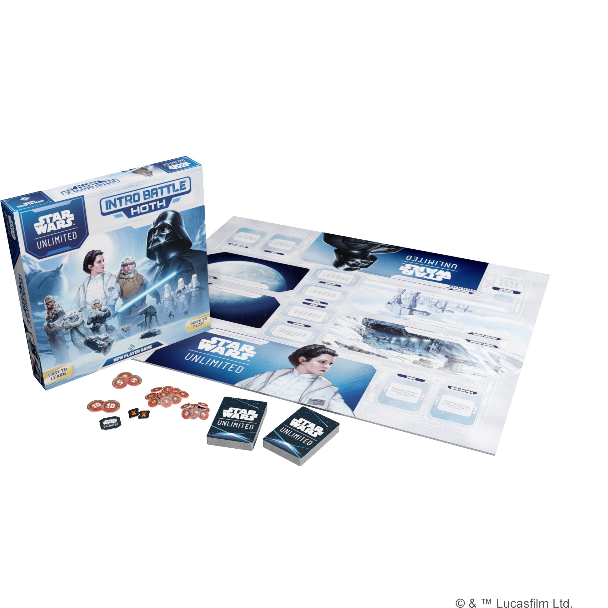 Star Wars: Unlimited - Intro Battle: Hoth - Hoth board game with illustrated playmat, two decks of cards, orange and black tokens, and a blue-themed box featuring Hoth.