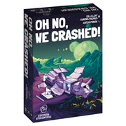Oh No We Crashed! - Rectangular box for Oh No, We Crashed! card game featuring a crashed purple spaceship illustration on a rocky green alien.