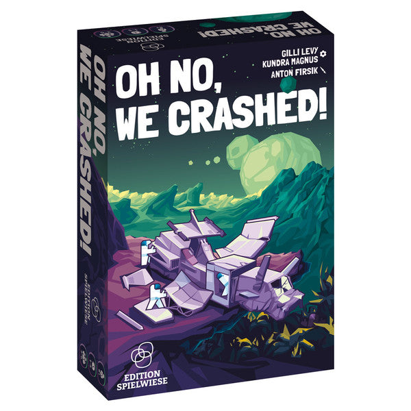 Oh No We Crashed! - Rectangular box for Oh No, We Crashed! card game featuring a crashed purple spaceship illustration on a rocky green alien.