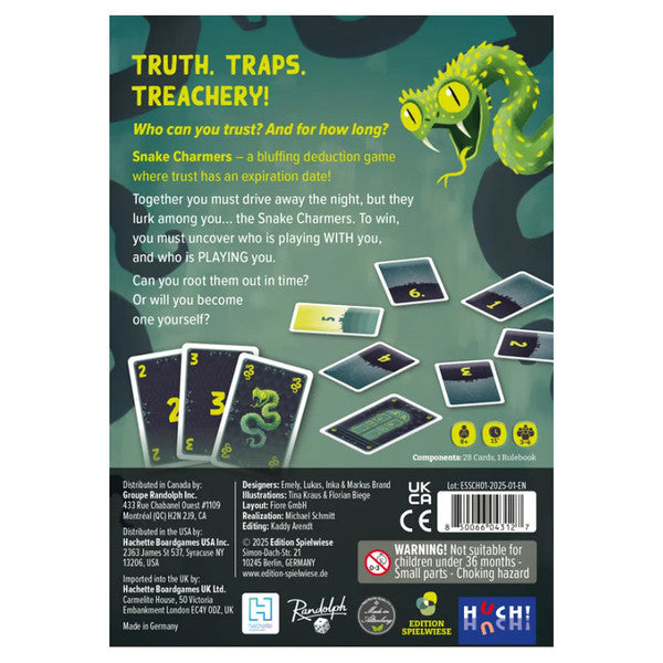 Snake Charmers - Snake Charmers card game box back with green chameleon illustration, text instructions, and multiple playing cards showing.