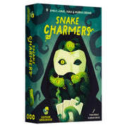 Snake Charmers - Colorful card game box featuring a green snake charmer holding three snakes, with cards displayed at the bottom.