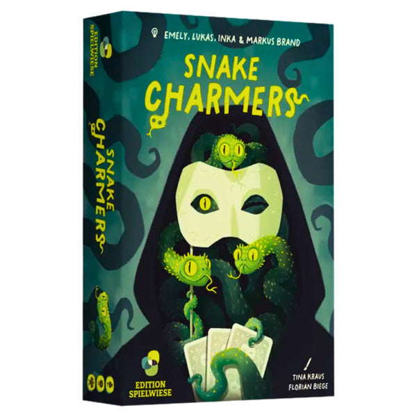 Snake Charmers - Colorful card game box featuring a green snake charmer holding three snakes, with cards displayed at the bottom.