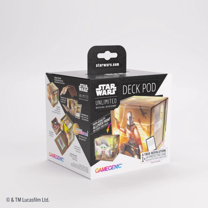 Gamegenic: Star Wars: Unlimited Deck Pod - The Mandalorian & Grogu - Square black and white box packaging for Gamegenic Star Wars Unlimited Deck Pod featuring The Mandalorian and Grogu artwork.