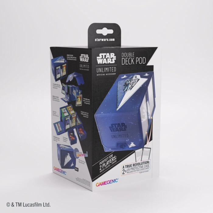 Gamegenic: Star Wars: Unlimited Double Deck Pod - Star Destroyers - Star Wars Unlimited Double Deck Pod with Star Destroyer design, blue and white card holder, compact packaging.