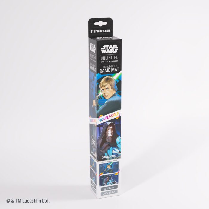 Gamegenic: Star Wars: Unlimited Double-Sided Game Mat - Jedi Luke Skywalker & Emperor Palpatine - Tall rectangular box packaging showing Star Wars Unlimited Double-Sided Game Mat featuring Jedi Luke Skywalker and Emperor.