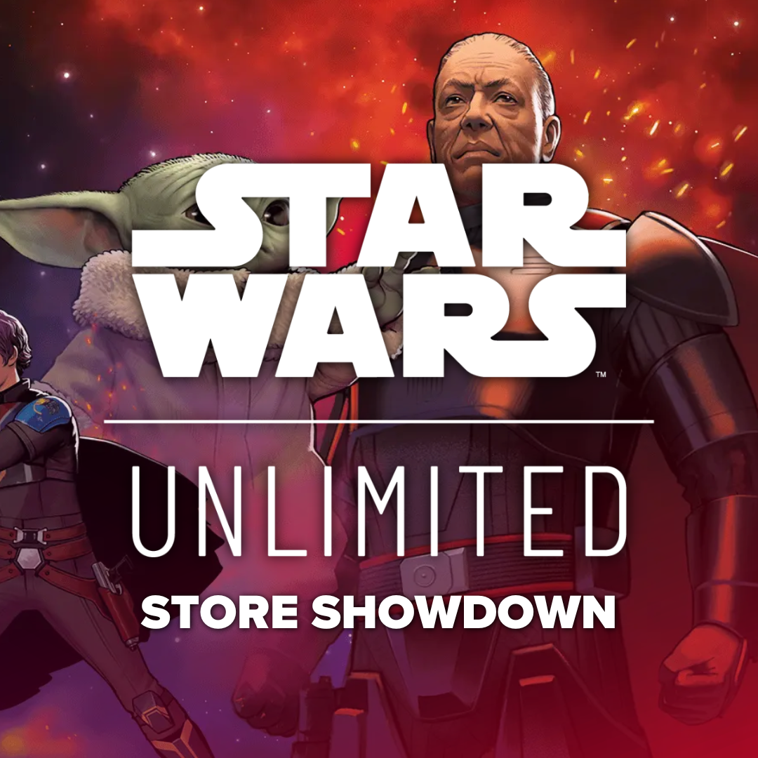 SWU: September 12th - Store Showdown Provo - Star Wars Unlimited logo with animated characters Ahsoka Tano, Grogu, and Moff Gideon against a fiery red galaxy background.