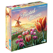 Frosted Blooms (PREORDER) - Colorful tulip field with large frosted tulips in foreground and windmill in background on board game box.