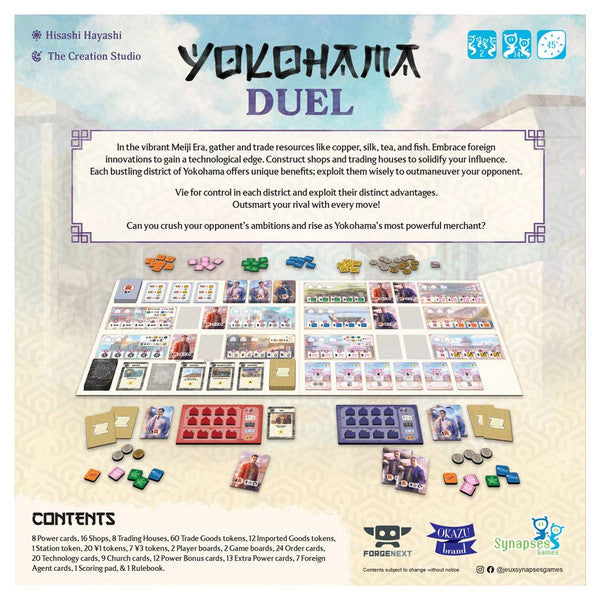 Yokohama Duel (PREORDER) - Yokohama Duel board game setup with colorful tiles, cards, player boards, and wooden tokens on a beige playmat.