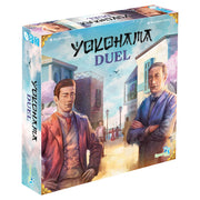 Yokohama Duel (PREORDER) - Square board game box with illustrated cover showing two men in suits standing in a city street, blue sky background, title.