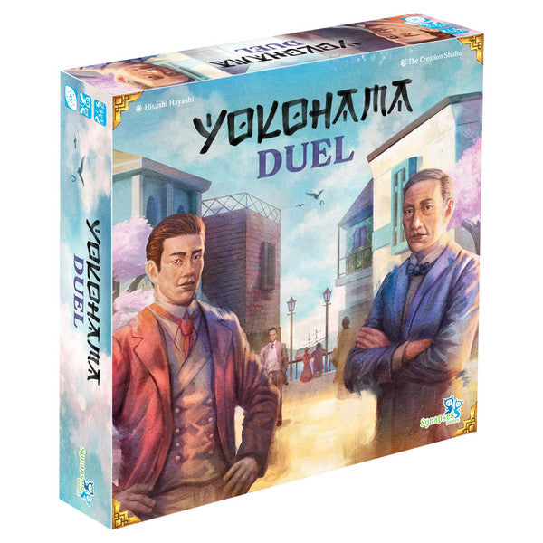 Yokohama Duel (PREORDER) - Square board game box with illustrated cover showing two men in suits standing in a city street, blue sky background, title.