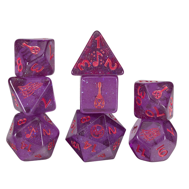 Sirius Dice: Vox Machina Adventure Dice - Scanlan Shorthalt (PREORDER) - Set of seven translucent purple polyhedral dice with red music note and guitar illustrations on flat faces, designed for.