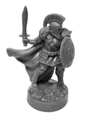 Jaxon, Greek Warrior Hero - Gray plastic miniature of a Greek warrior with crested helmet, sword raised, round shield, and flowing cape on textured base.