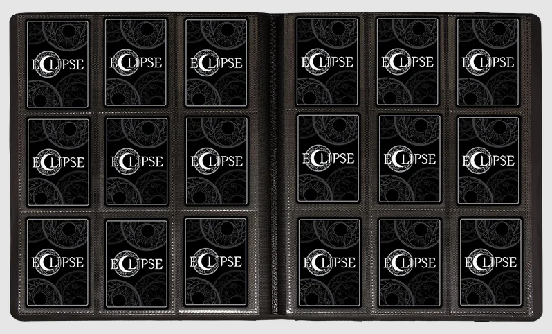 Ultra Pro Eclipse 9-Pocket Pro Binder - Lemon Yellow - Black nine-pocket card binder pages with decorative Eclipse logos on each pocket.