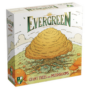 Evergreen: Giant Trees and Mushrooms Expansion - Square board game box for Evergreen expansion featuring a large orange mushroom illustration on a grassy landscape.