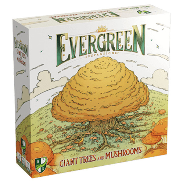Evergreen: Giant Trees and Mushrooms Expansion - Square board game box for Evergreen expansion featuring a large orange mushroom illustration on a grassy landscape.