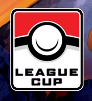 Pokemon - November Cup Tournament - Red, white, and black rectangular badge with a stylized Poké Ball and bold "League Cup" text beneath.