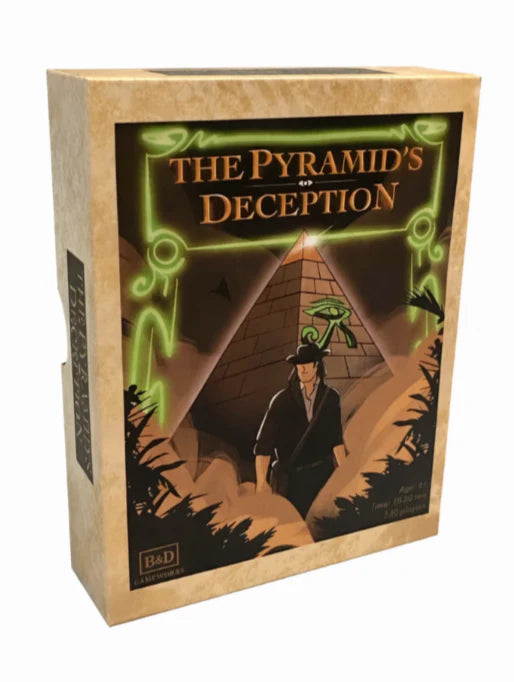 The Pyramid's Deception - Boxed board game with vintage-style artwork showing a man in a hat standing inside a pyramid surrounded by glowing green.
