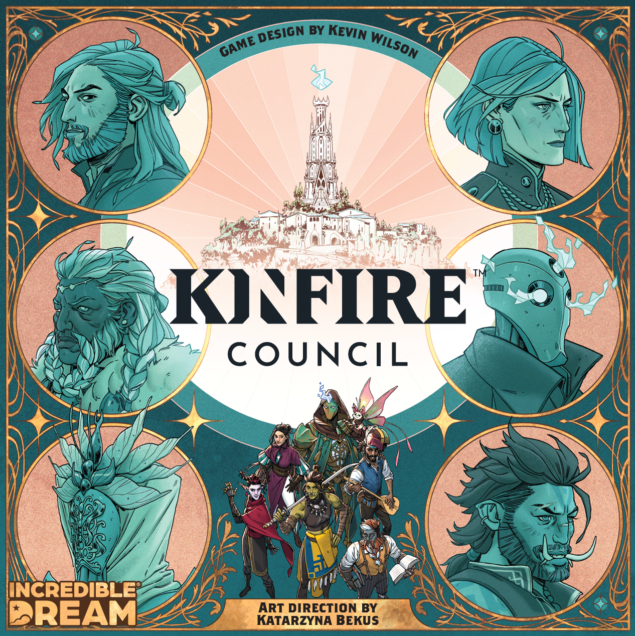 Kinfire Council - Kinfire Council board game box featuring fantasy character art in teal and orange tones with central castle illustration and